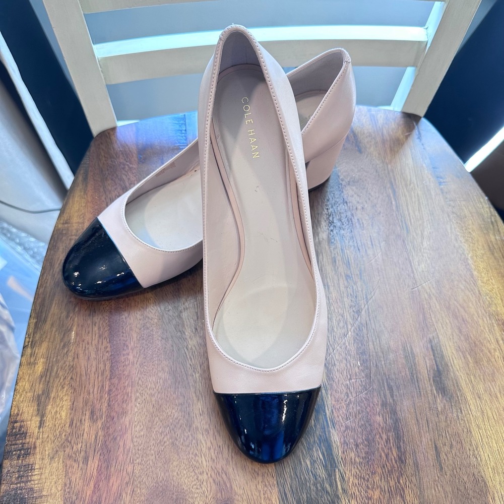 Cole Haan Block Heel Pumps Women 11B Beige Black Cap Toe Leather Career